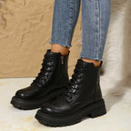 Women's thick -soled boots fashion ladies ankle boots Women's leather round head -lap combat boots black thick solid shoes