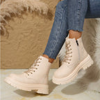 Women's thick -soled boots fashion ladies ankle boots Women's leather round head -lap combat boots black thick solid shoes