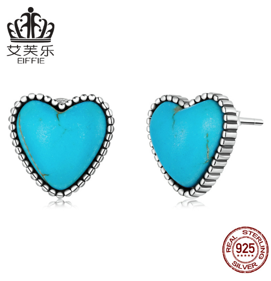 Sterling Silver S925 Love Turquoise Earrings Simple Heart-Shaped Gemstone Earrings