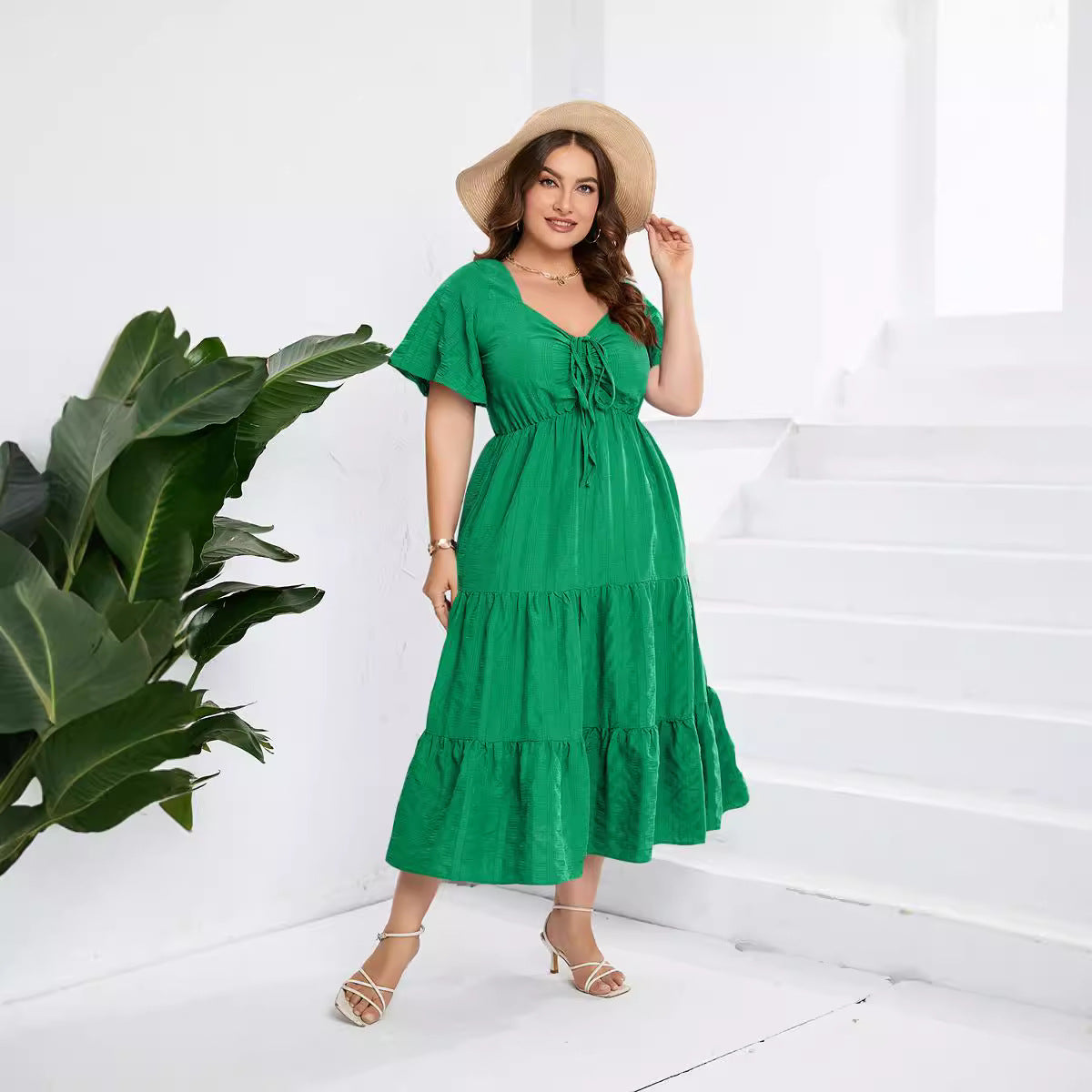 Women's V-neck High-Waist Long Dress Short Sleeve Plus Size Dress