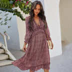 Ladies Vintage Sexy Print Chiffon Dress Women Casual Ruffles High Waist Bohemian Beach Spring Summer Women Dress