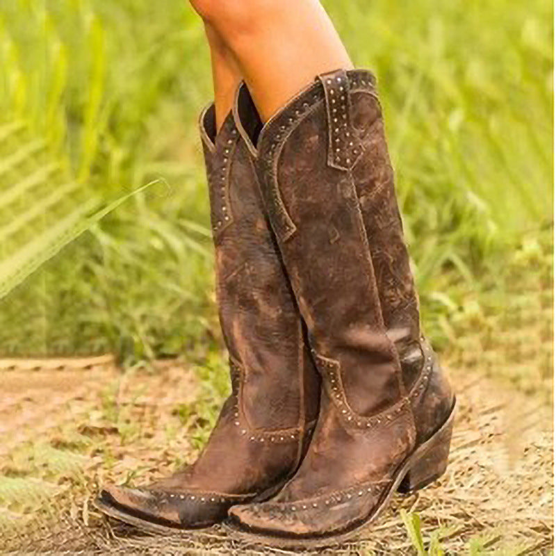 Long boots with rivets retro women's boots