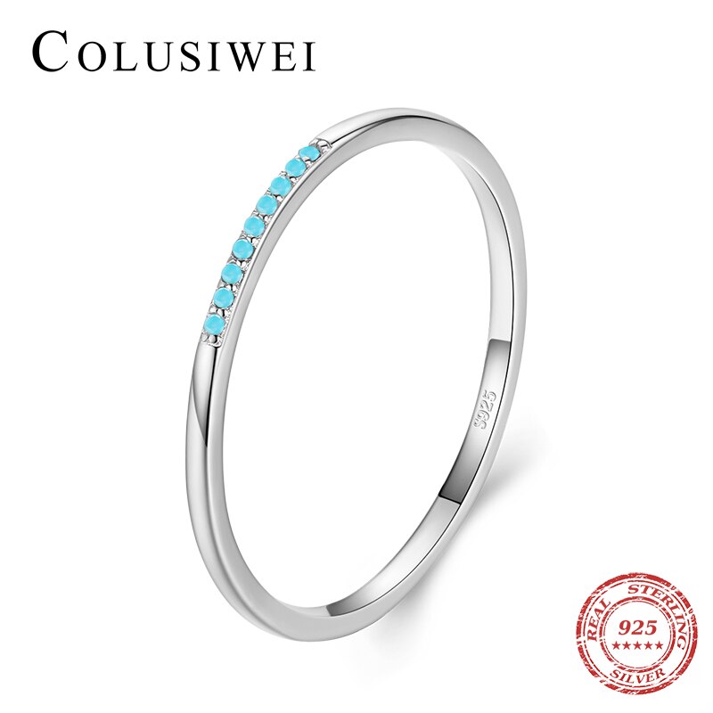 Stackable 925 Sterling Silver Pave Rainbow CZ Rrings Fashion Blue Turquoise Rings for Women Wedding Statement Jewelry
