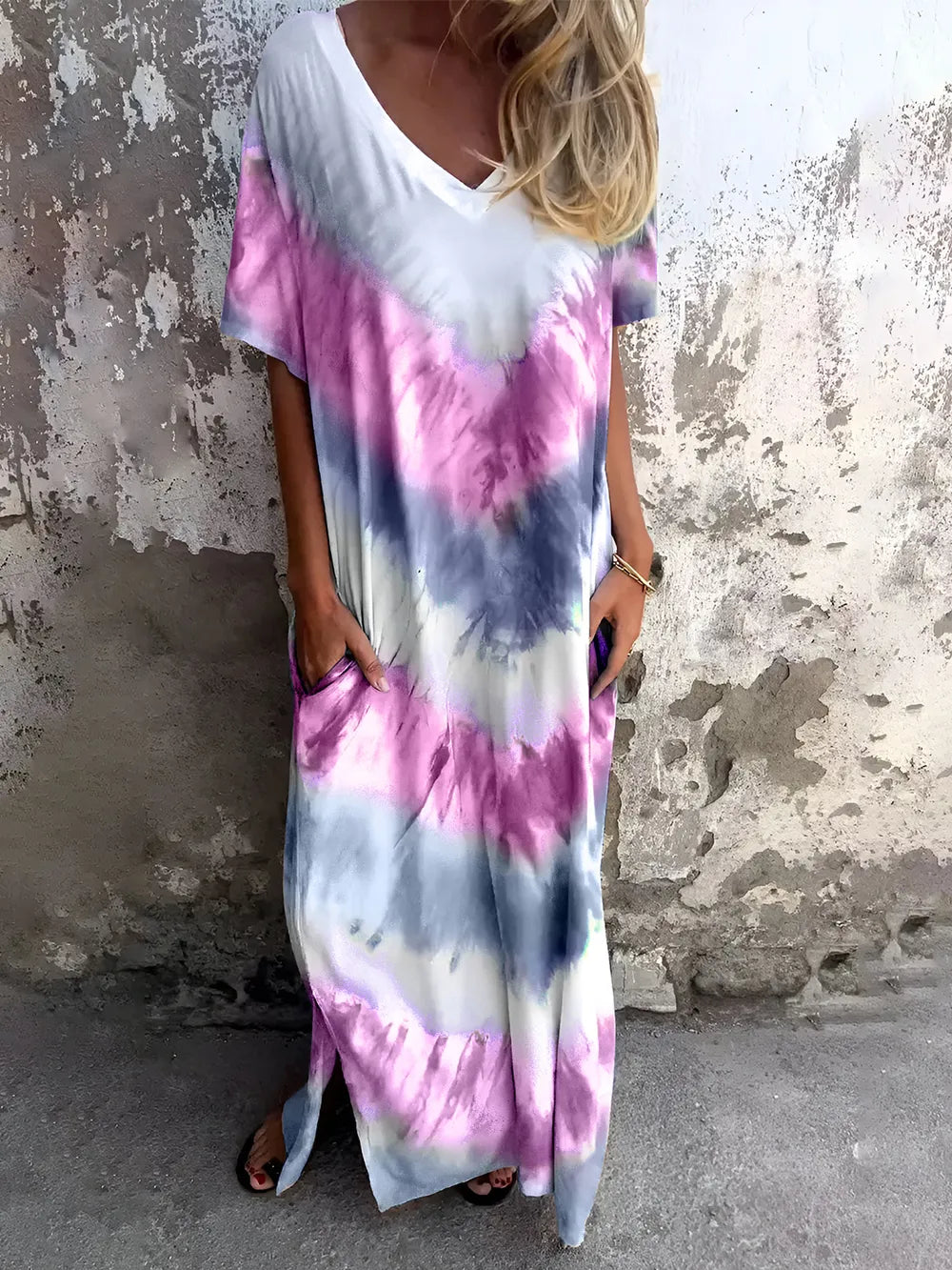 Full Size Pocketed Tie-Dye Short Sleeve Maxi Dress