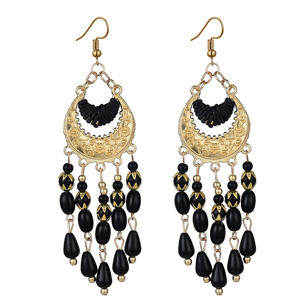 Bohemian Ethnic Earrings Long Vintage Tassel Bead Earrings Carved Earrings