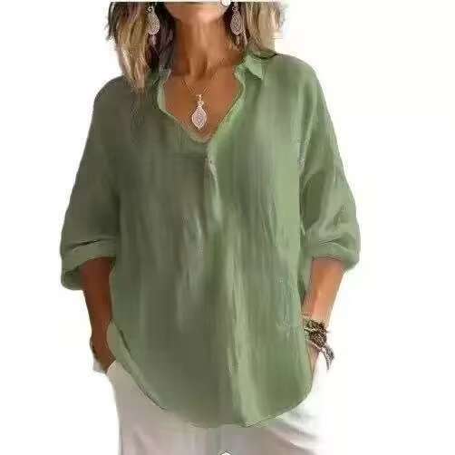 Casual Loose Plus Size V-Neck Long Sleeve Solid Color Shirt for Women
