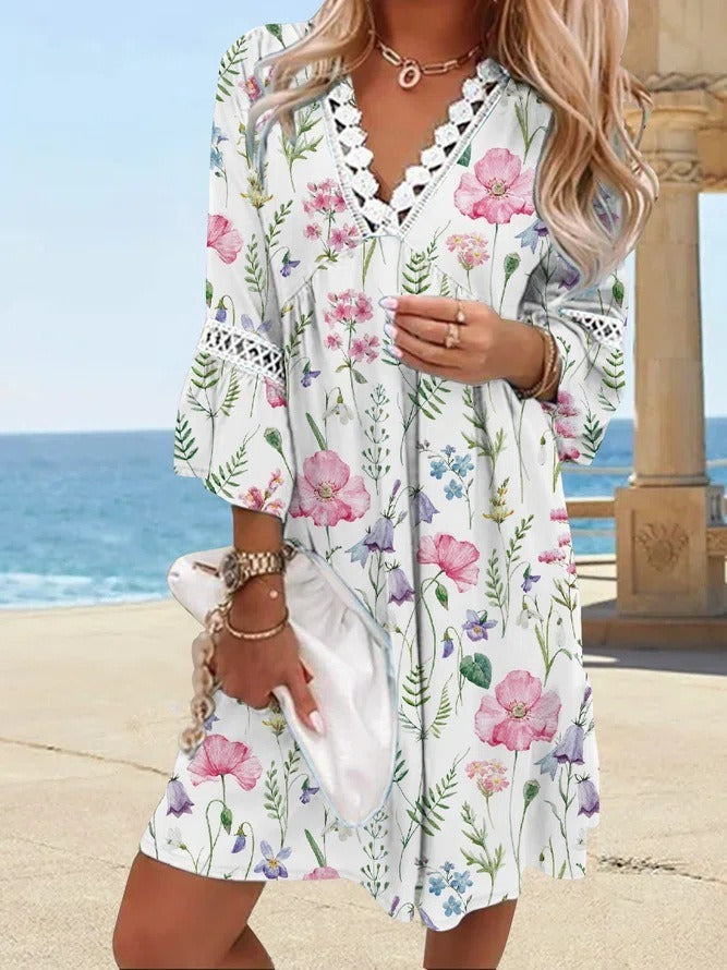 V-Neck Printed Lace Stitched Bohemian Dress