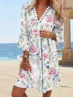 V-Neck Printed Lace Stitched Bohemian Dress