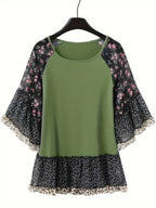 Woman's Blouse Printed Round Neck Half Sleeve Top