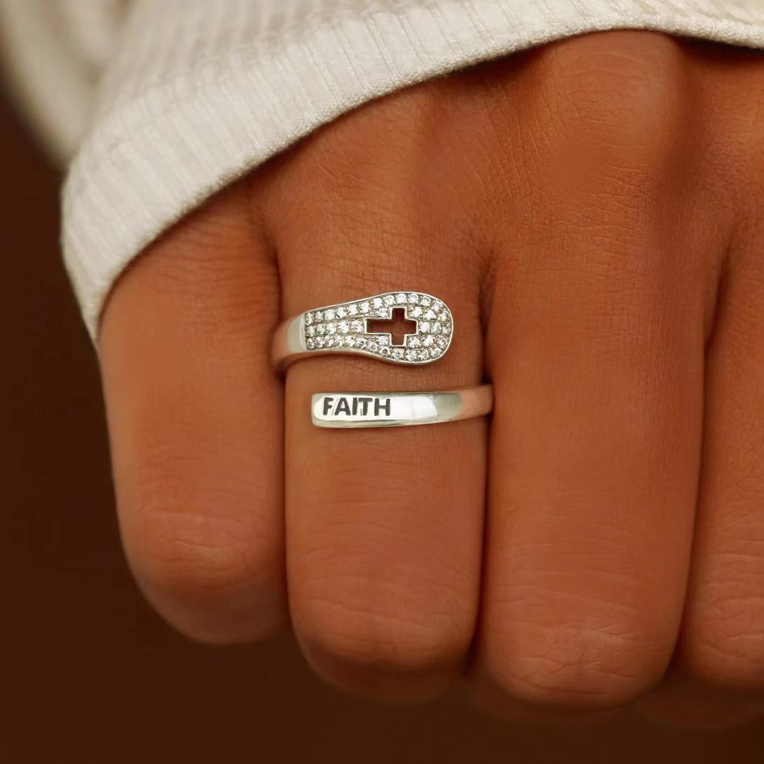 Women's Silver Faith Cross Zircon Ring Women's Simple and Fashionable European and American Style Ring Silver Jewelry