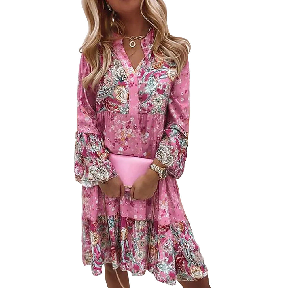 Nature-inspired Women's Plus Size, V-Neck Printed Flared Sleeve Dress