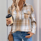 Vintage Casual Plaid Lapel Zipper Cardigan Shirt for Women