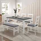 6-Piece Wood Dining Table Set Kitchen Table Set with Upholstered Bench and 4 Dining Chairs, Farmhouse Style Gray+White