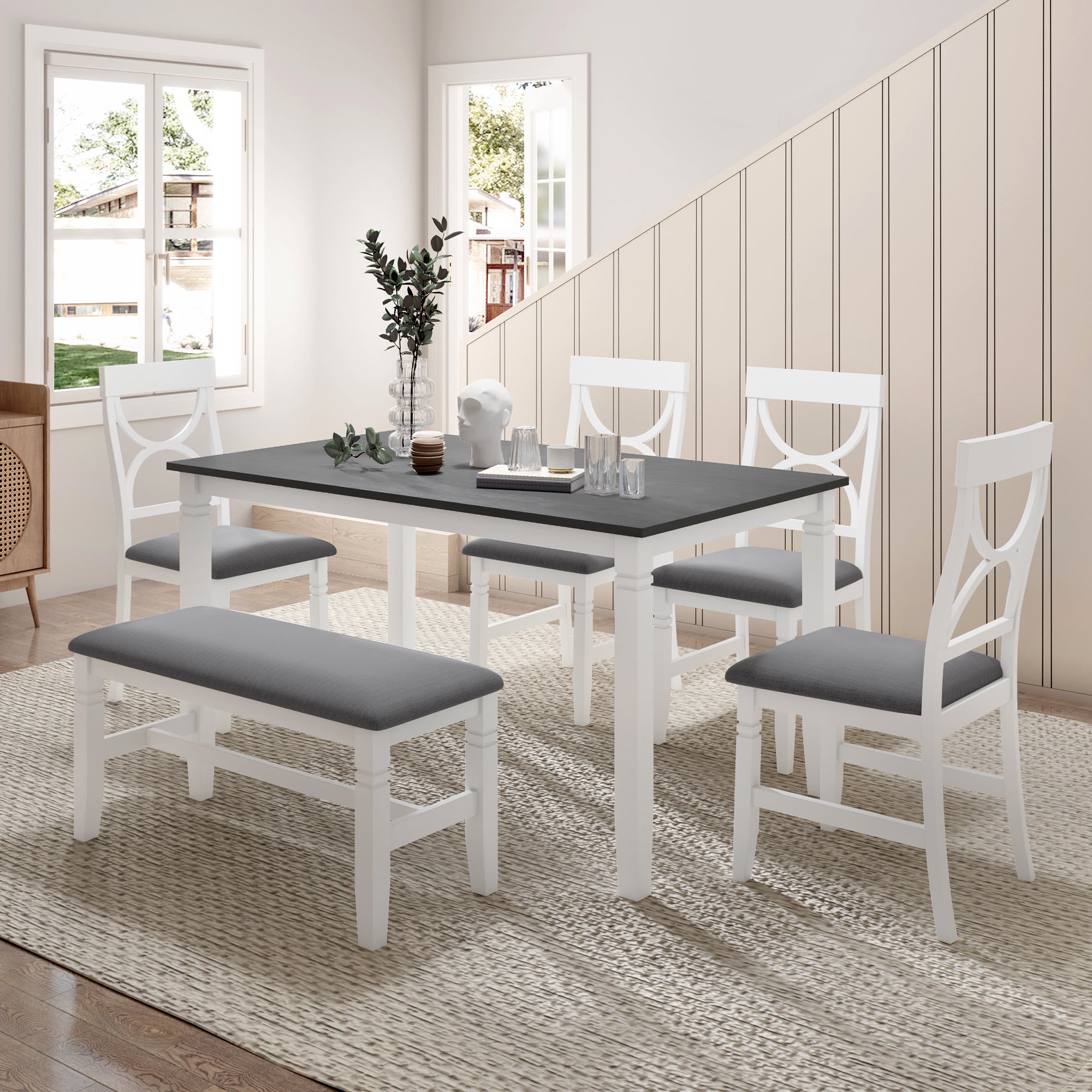6-Piece Wood Dining Table Set Kitchen Table Set with Upholstered Bench and 4 Dining Chairs, Farmhouse Style Gray+White