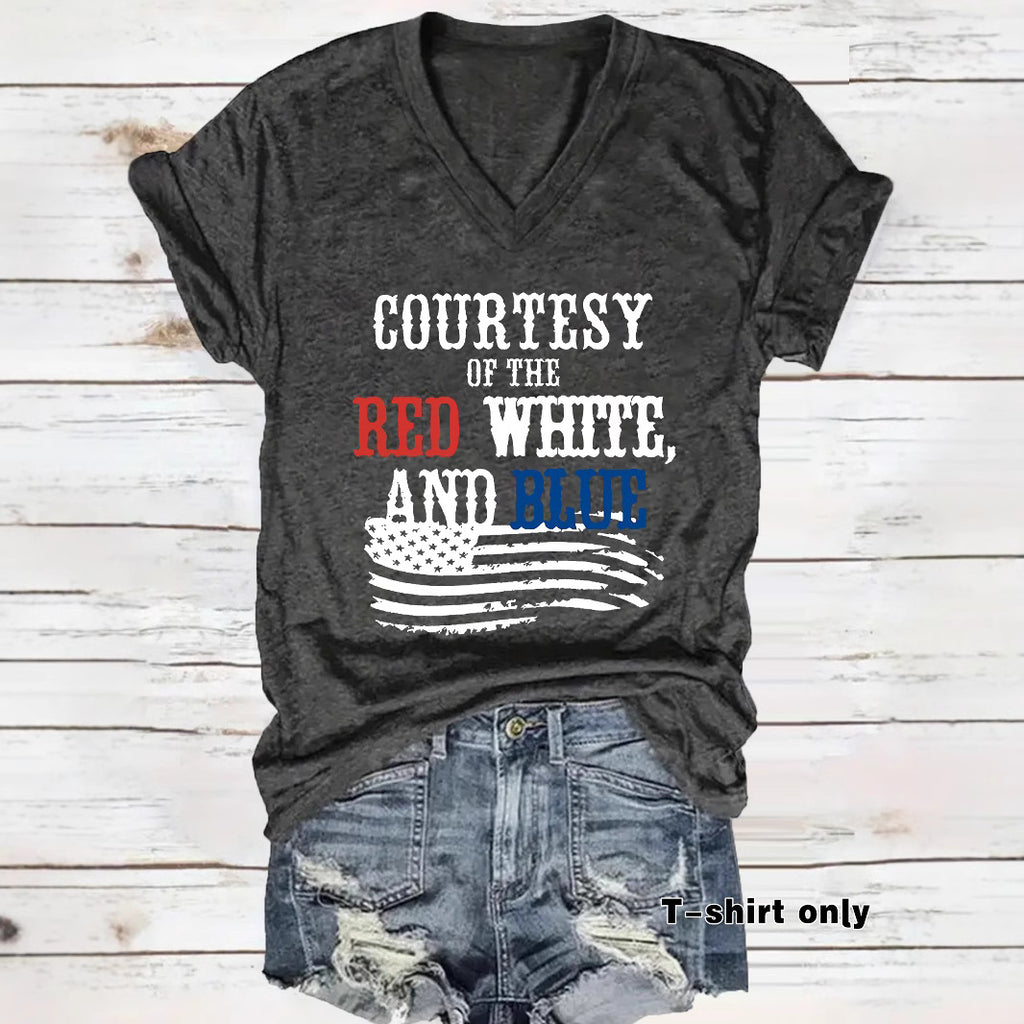 Patriotic Print V-Neck Pullover Short Sleeve