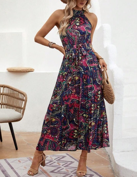 Women's printed retro neck hanging bohemian dress for women