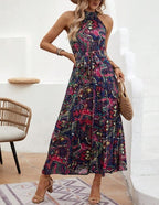 Women's printed retro neck hanging bohemian dress for women