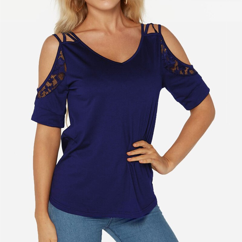 Women's Off The Shoulder T Shirt Summer New Chic Simple Solid Color V-Neck Lace Short Sleeve Plus Size Casual Clothes Y2k Top
