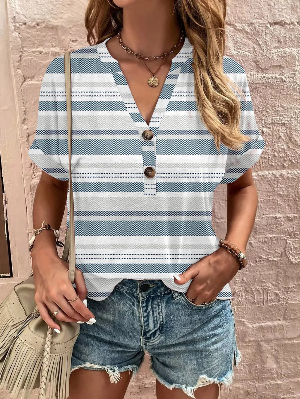 Women's Plus Size Printed Notched Short Sleeve Blouse