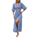 V-neck lantern sleeve waist cinched dress for beach vacation, Bohemian style beach dress