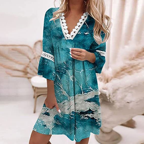 V-Neck Printed Lace Stitched Bohemian Dress