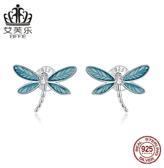 Women's Original Fashion Sterling Silver Blue Small Dragonfly Earrings S925 Earrings Girls Zircon Oil Drop Earrings