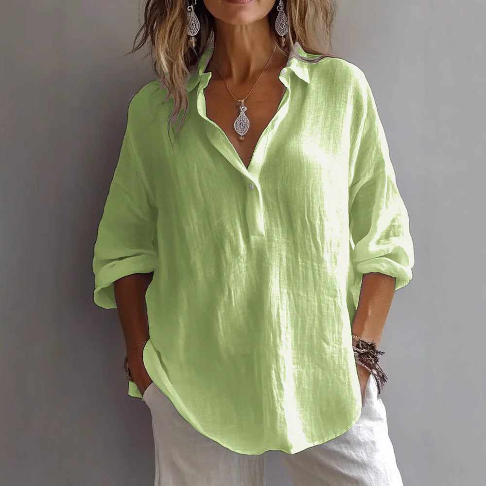 Casual Loose Plus Size V-Neck Long Sleeve Solid Color Shirt for Women