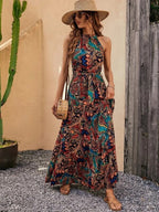 Women's printed retro neck hanging bohemian dress for women