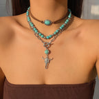 Vintage imitation turquoise collarbone chain niche bead necklace set ethnic style cactus necklace