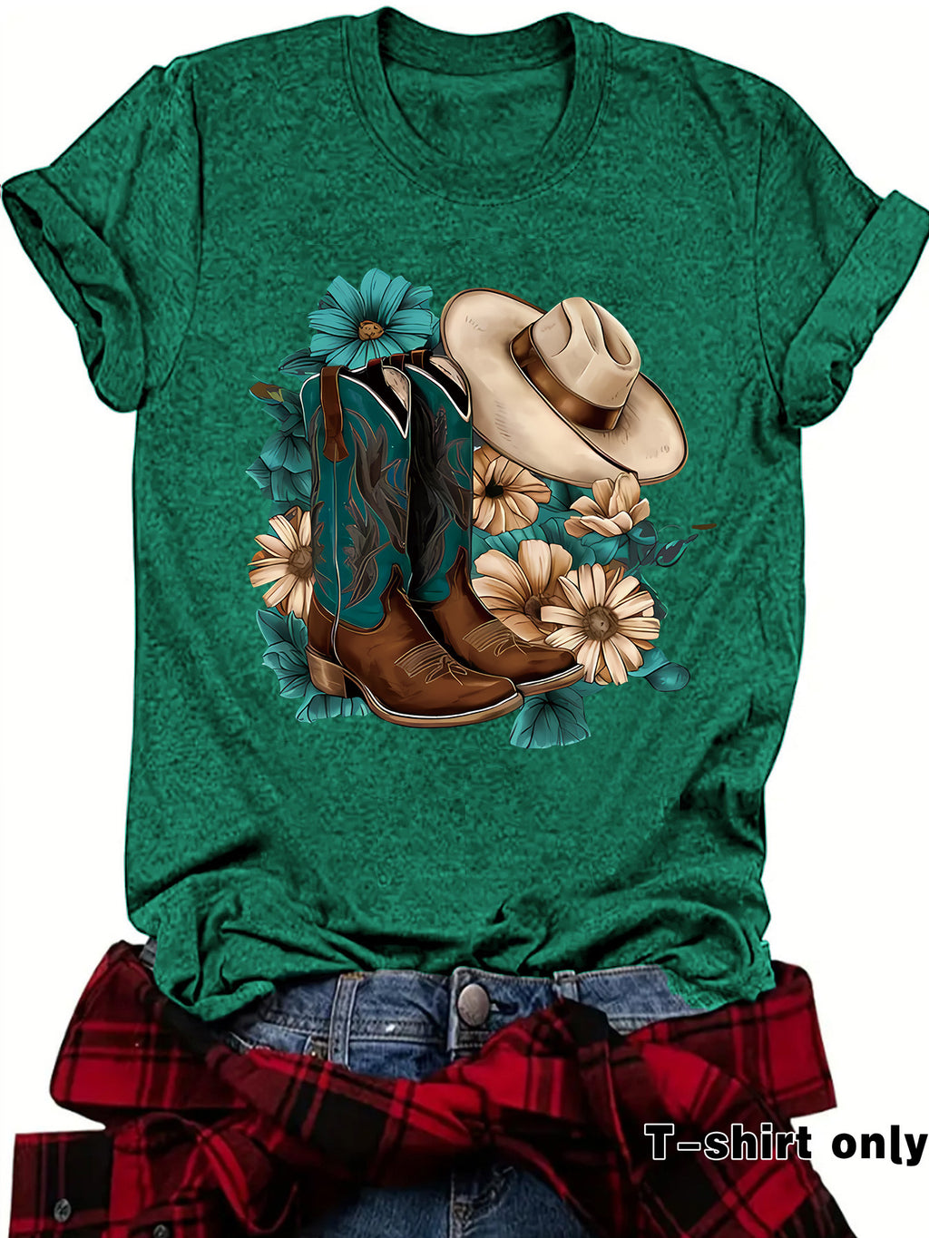 Western Short sleeved women's t-shirt with boots & hats