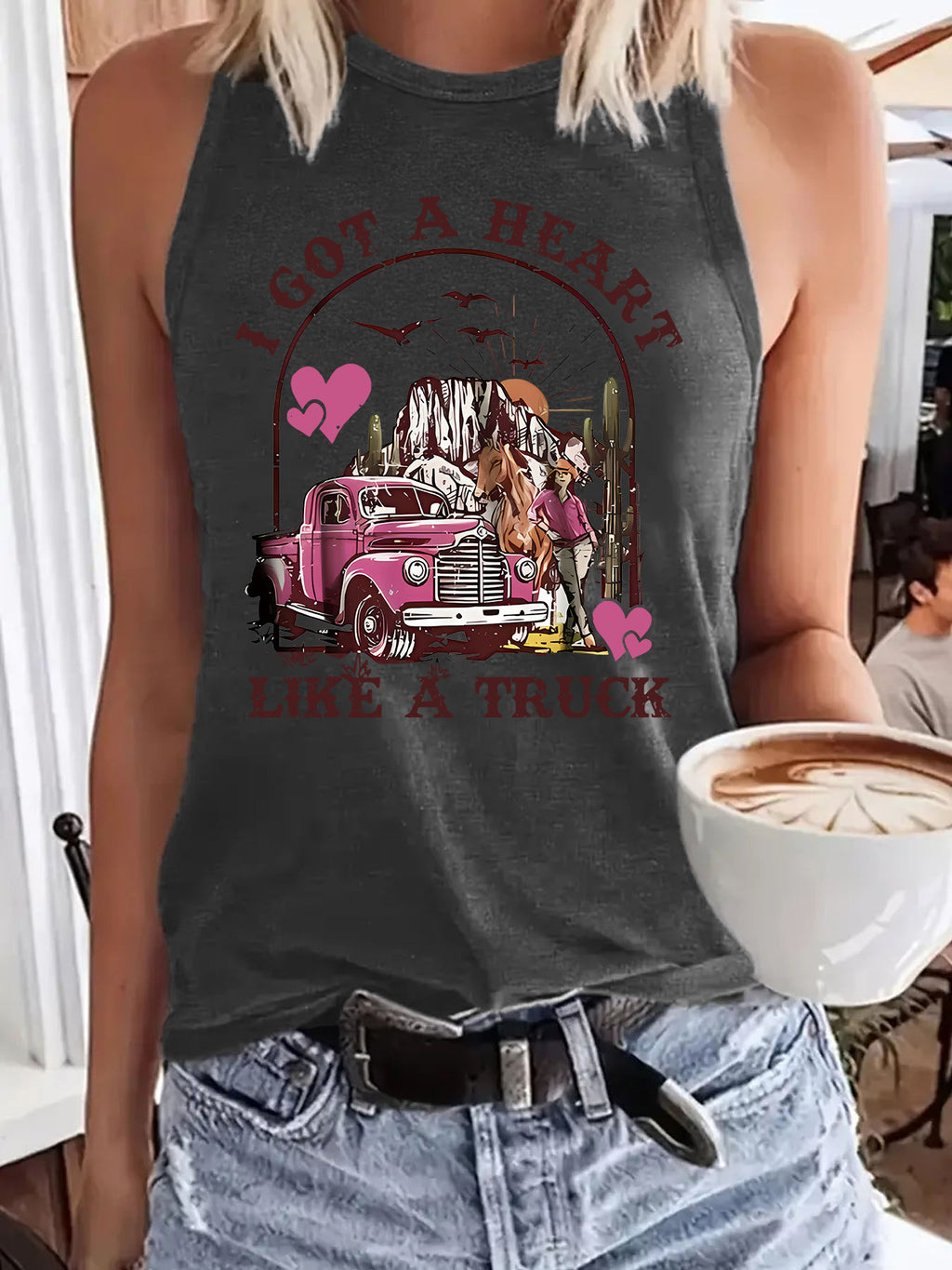 Sleeveless women's western denim style printed tank top