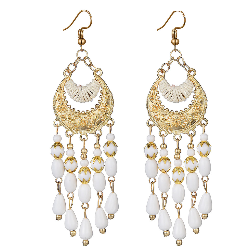 Bohemian Ethnic Earrings Long Vintage Tassel Bead Earrings Carved Earrings