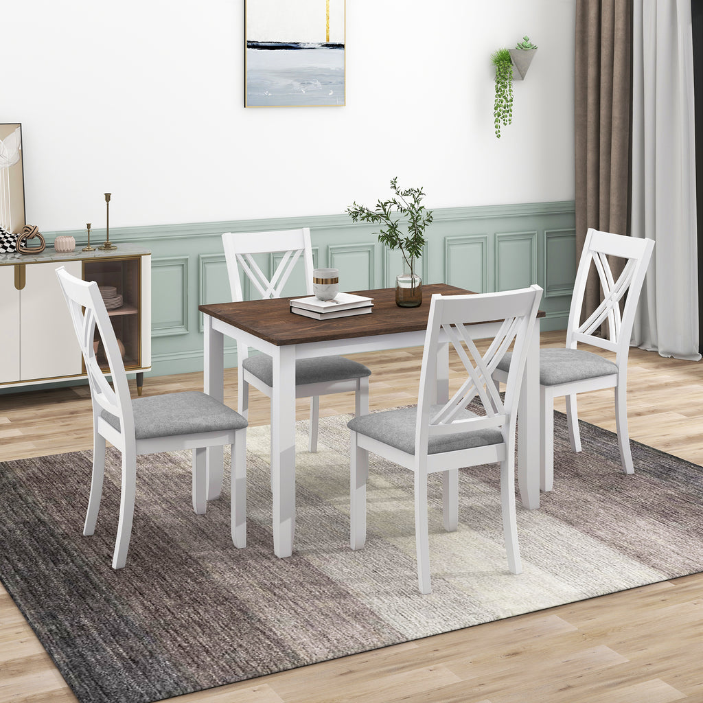 Rustic Minimalist Wood 5-Piece Dining Table Set with 4 X-Back Chairs for Small Places  White