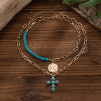 Fashionable multi-layer imitation turquoise necklace set with hexagonal star alloy geometric collarbone chain
