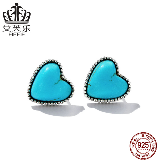 Sterling Silver S925 Love Turquoise Earrings Simple Heart-Shaped Gemstone Earrings
