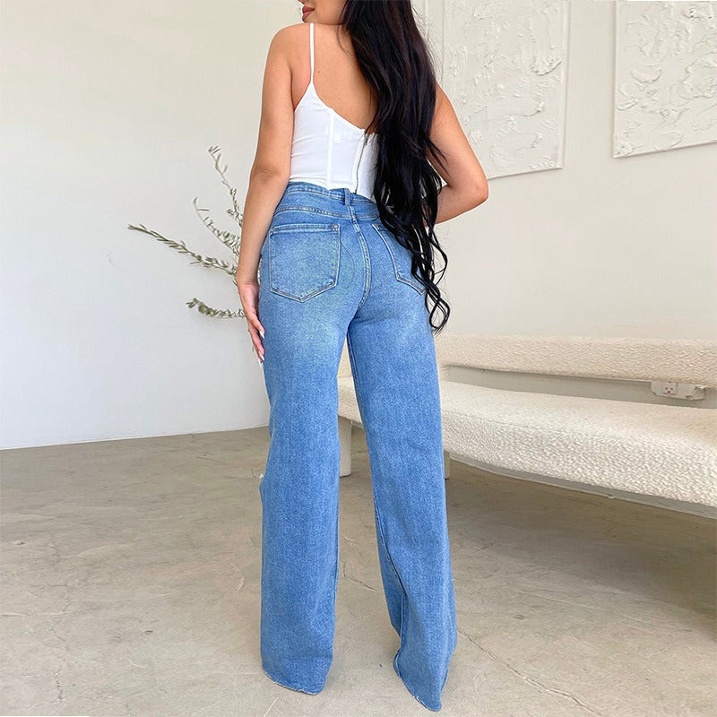 Women's Jeans Loose Casual High Waist Wide Leg Pants Fashion Street Ripped Plus Size Denim