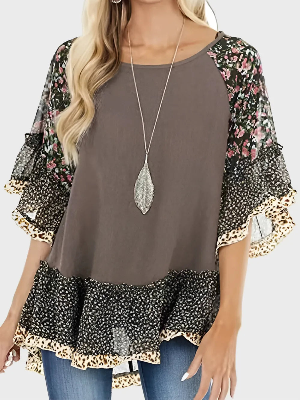 Woman's Blouse Printed Round Neck Half Sleeve Top