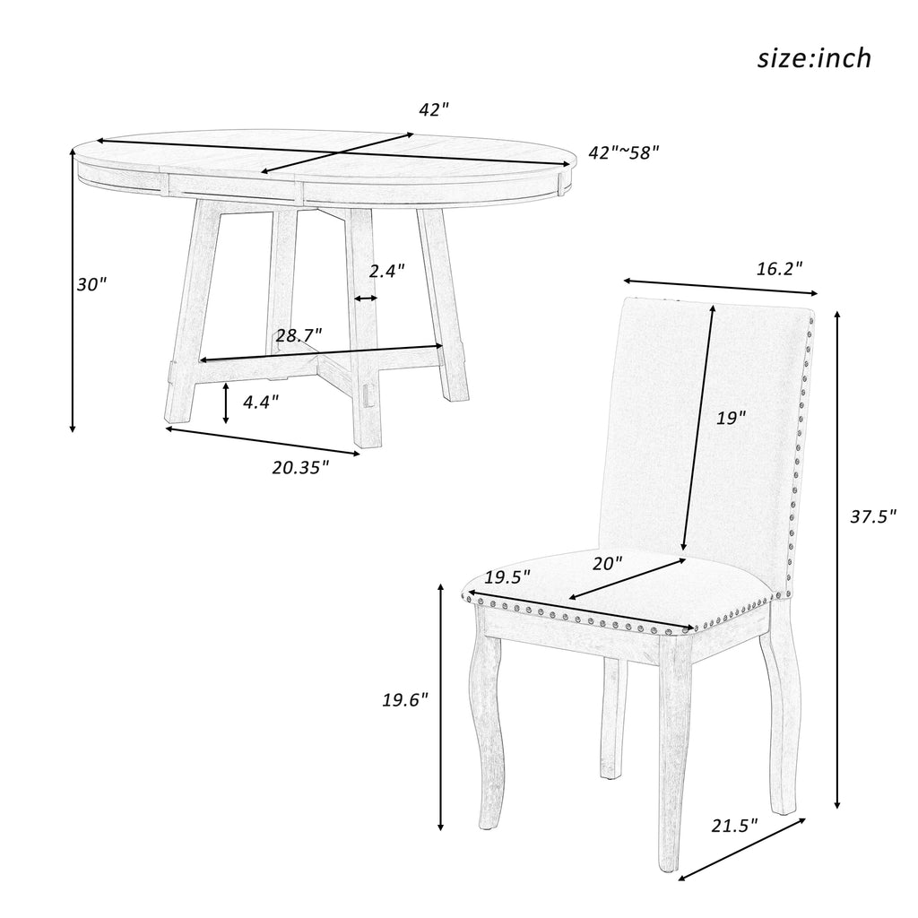 5-Piece Farmhouse Dining Table Set Wood Round Extendable Dining Table and 4 Upholstered Dining Chairs (Natural Wood Wash)