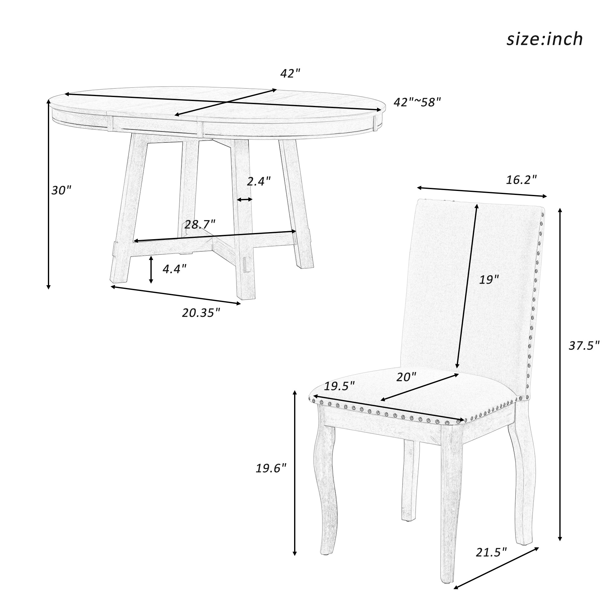 5-Piece Farmhouse Dining Table Set Wood Round Extendable Dining Table and 4 Upholstered Dining Chairs (Natural Wood Wash)
