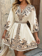Mid-Sleeve Tie-Strap Bohemian Print Dress