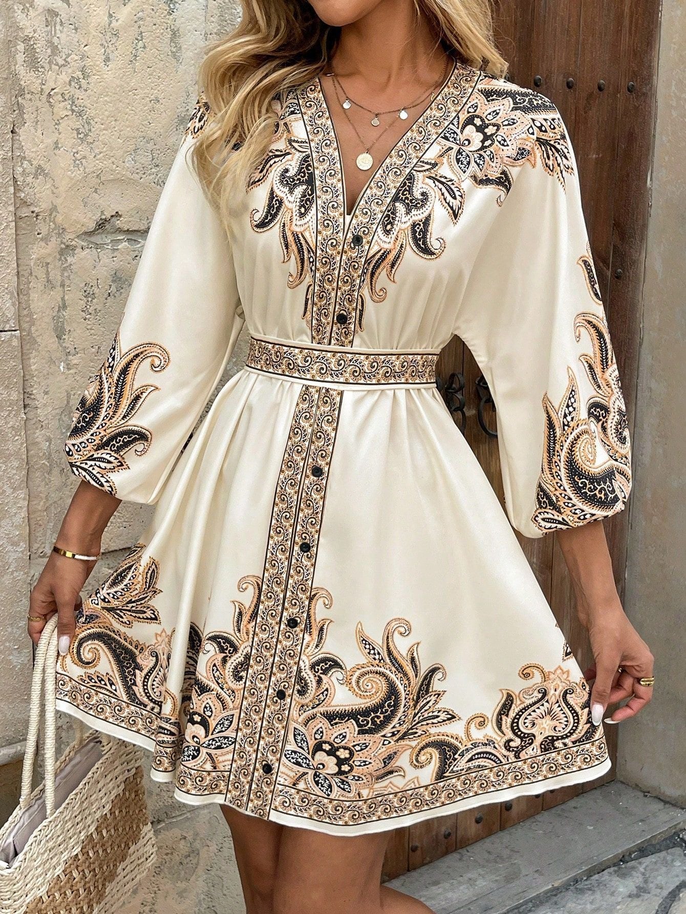 Mid-Sleeve Tie-Strap Bohemian Print Dress