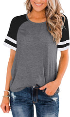 T-Shirt Summer Round Neck Short Sleeve Striped Contrast Color Loose Plus Size