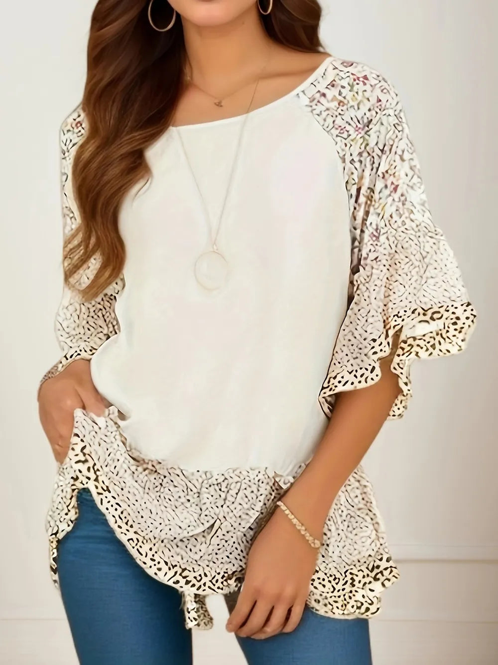 Woman's Blouse Printed Round Neck Half Sleeve Top