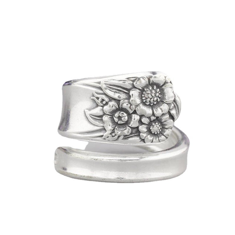 Women's English Garden Spoon Ring Three Flower Jewelry Gift Flower Ring Adjustable Opening