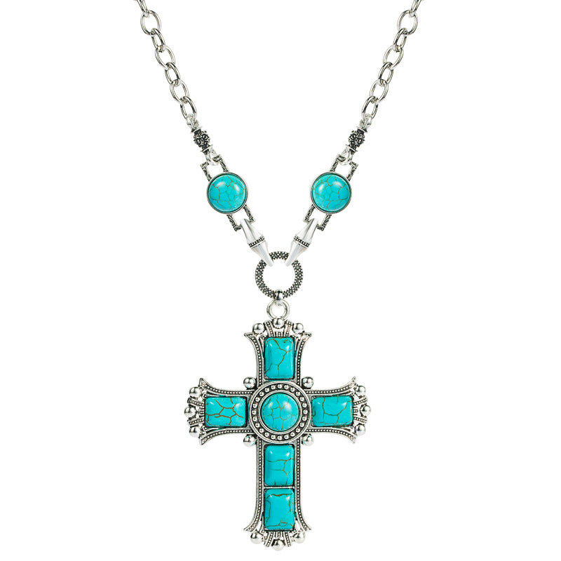 Retro Exaggerated Personality Cross-Shaped Necklace Women's Multi-Layer Alloy Inlaid Turquoise Sweater Chain Pendant Jewelry