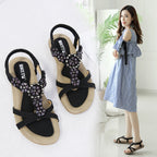 Summer Sweet Sandals Women's Bohemian Flower Rhinestones Large Size Flat Shoes Beach Shoes