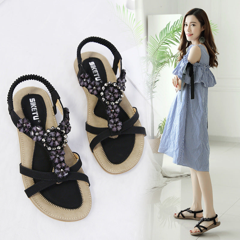 Summer Sweet Sandals Women's Bohemian Flower Rhinestones Large Size Flat Shoes Beach Shoes