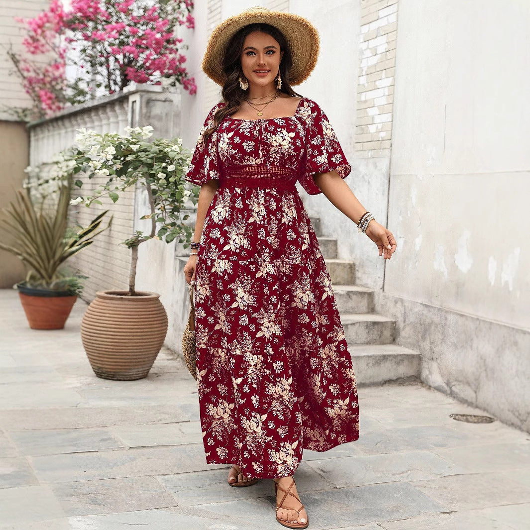 Vintage Square Neck Printed Plus Size Short Sleeve Dress