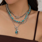 Fashionable multi-layer imitation turquoise necklace set with hexagonal star alloy geometric collarbone chain