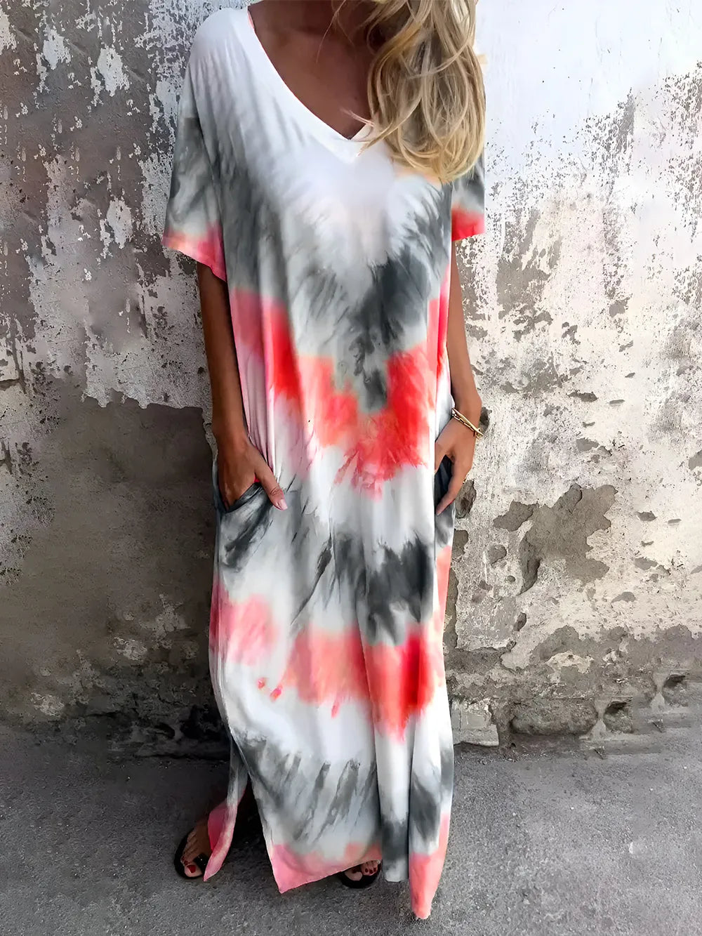 Full Size Pocketed Tie-Dye Short Sleeve Maxi Dress